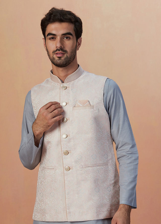 alt message - Manyavar Men Off White Self Design Jacket image number 0